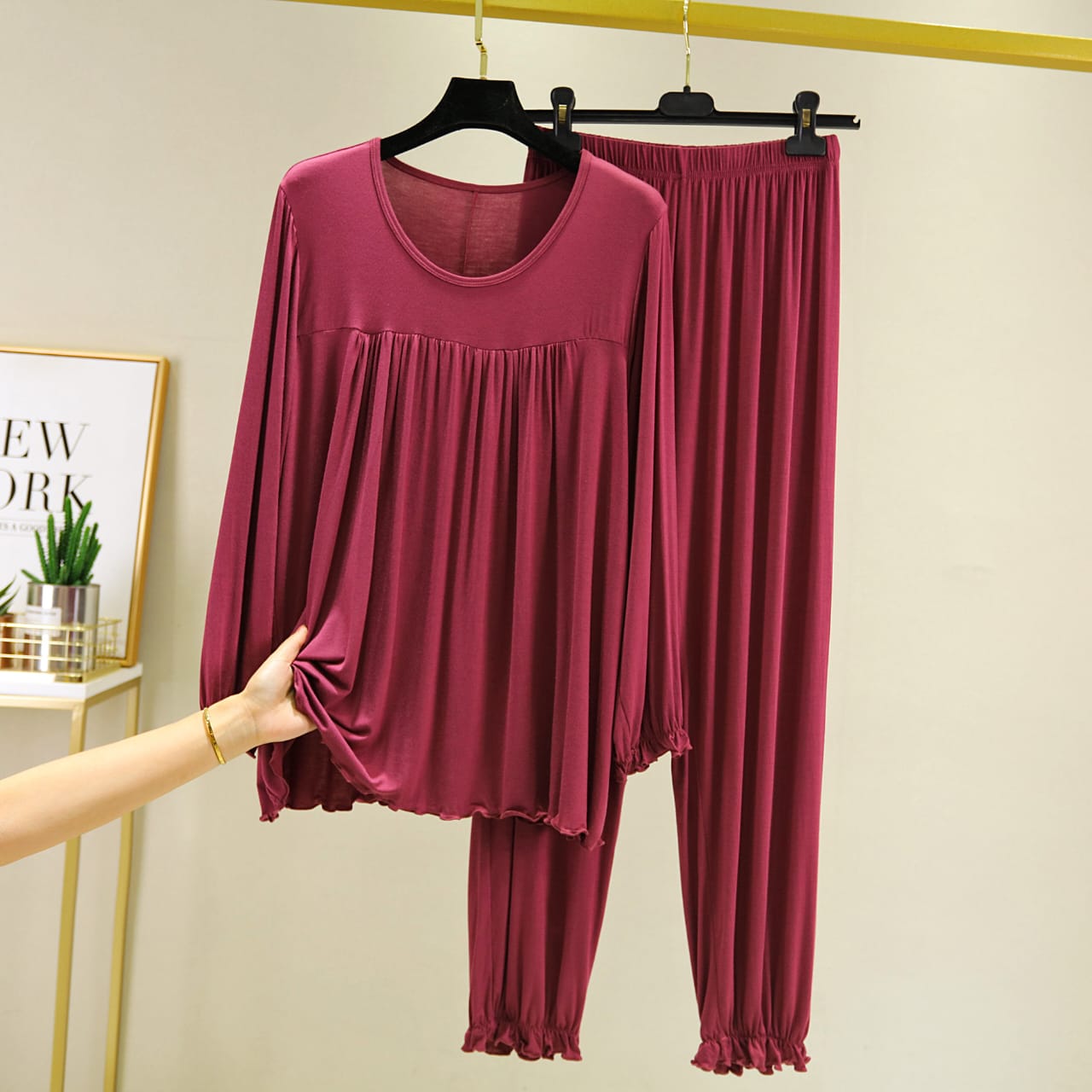 Plain Mehroon Frill Full Sleeves Night Wear
