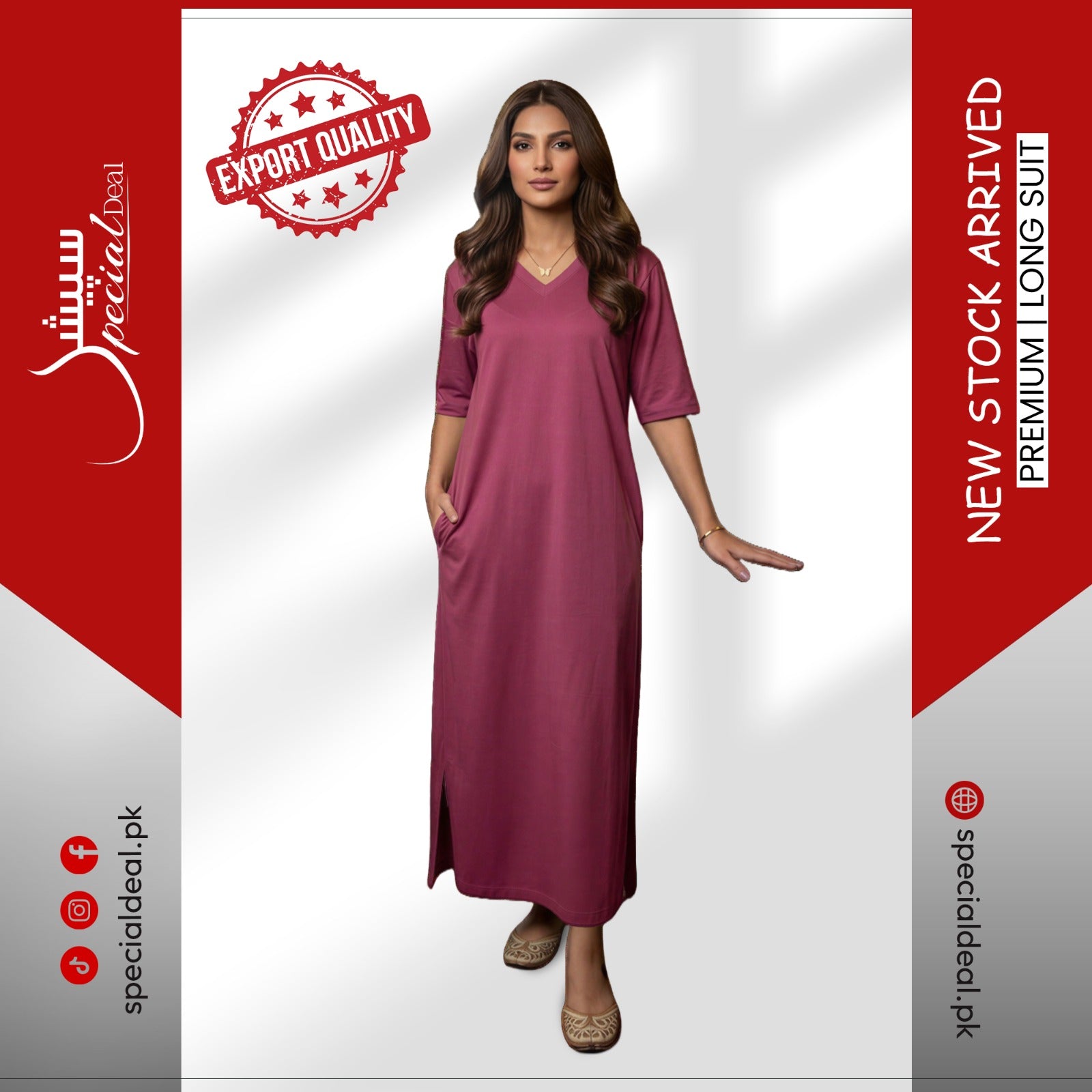 Plain Pink V-Neck with 2 Pockets Long Suit