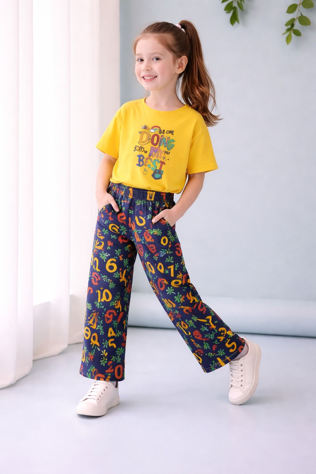 Yellow Doing My Best Printed Half Sleeves Kids Suit