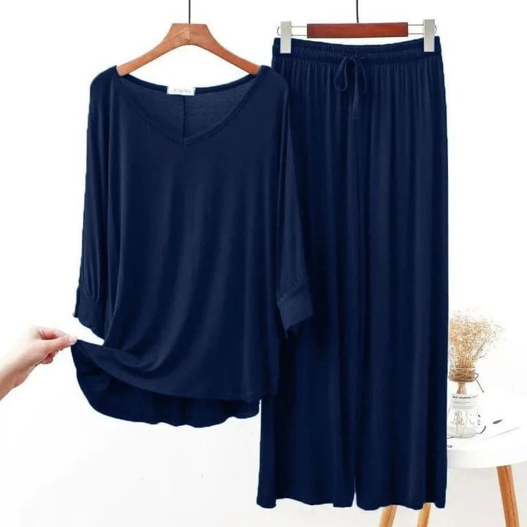 Plain Navy Blue V Neck Full Sleeves Night Wear