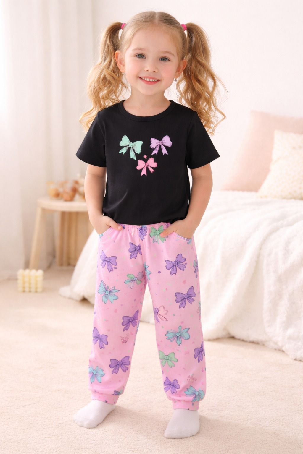 Black with Multi Bow Printed Half Sleeves Kids Suit