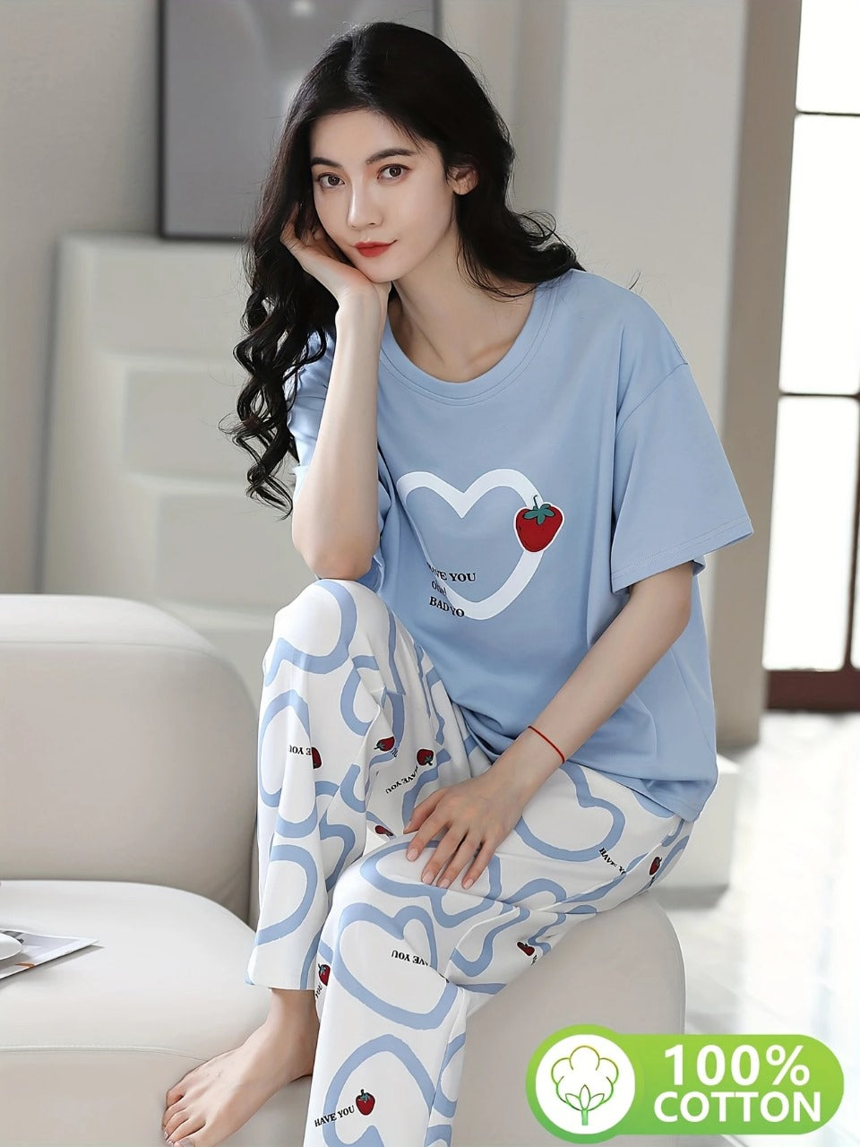 Sky Blue Strawberry Heart Printed Half Sleeves Shirt and Printed Trouser Night Wear