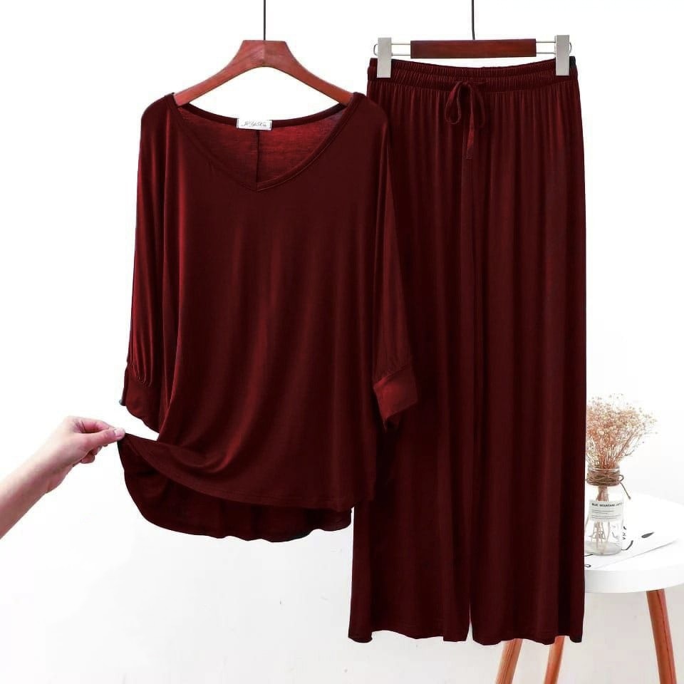 Plain Mehroon V Neck Full Sleeves Night Wear