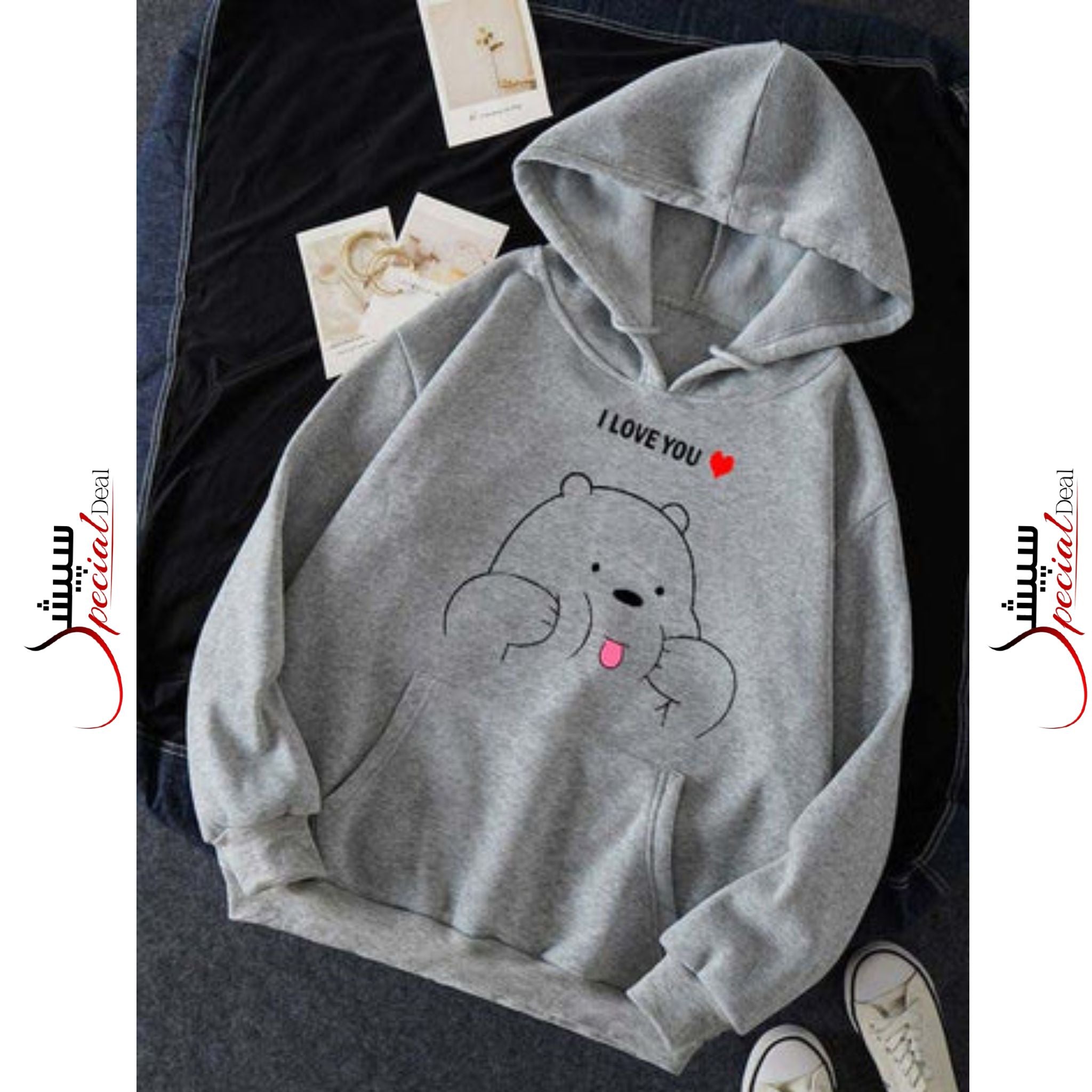 Grey I Love Panda Printed Hoodie