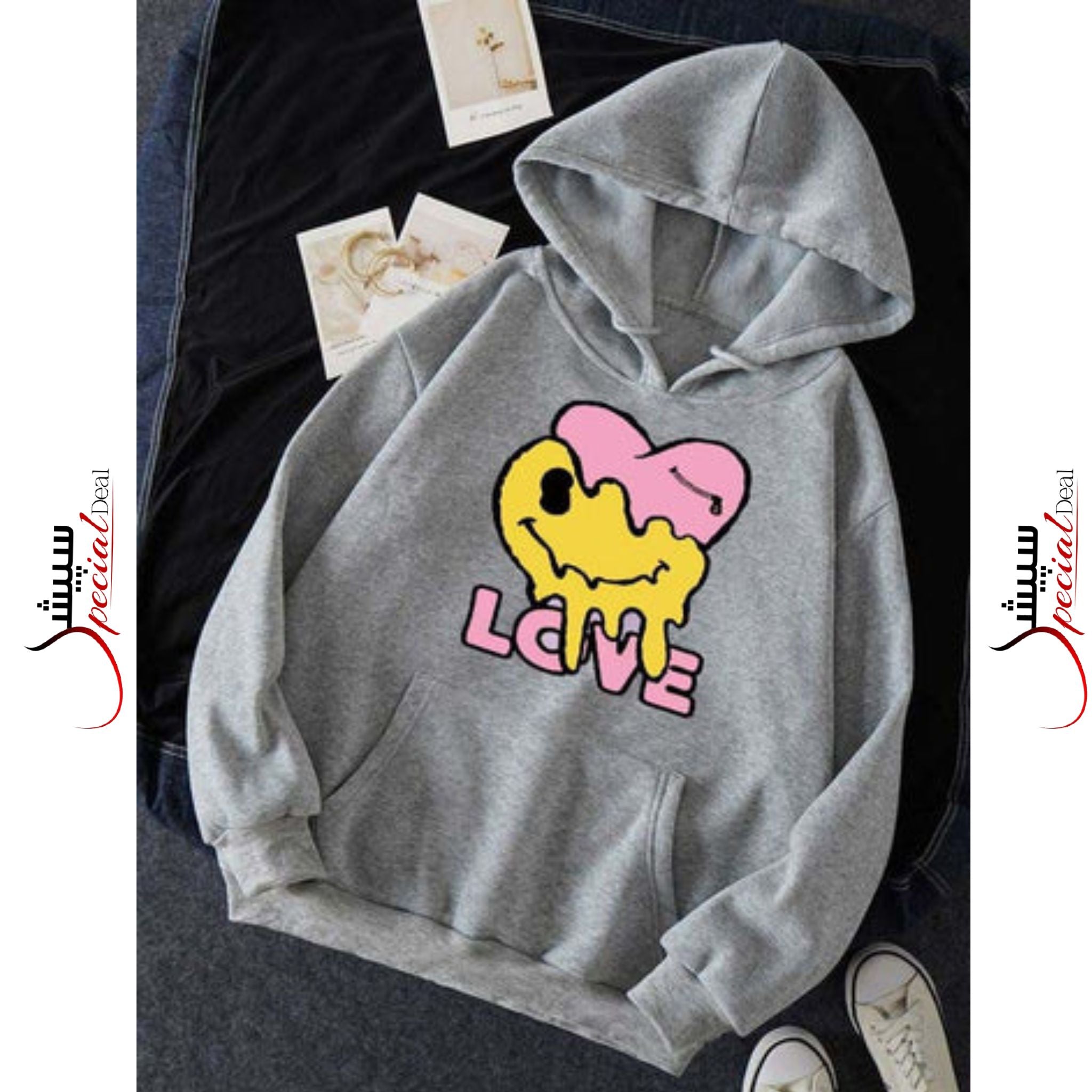 Grey Yellow Smile Love Printed Hoodie
