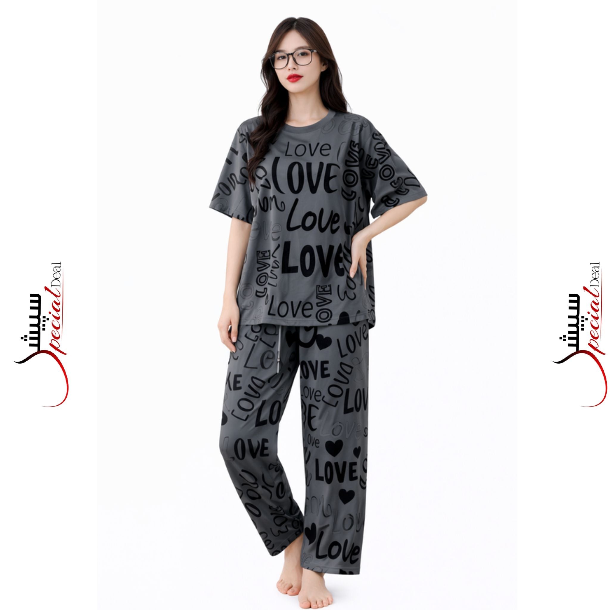 Grey Love Prineted Half Sleeves Shirt and Printed Trouser Night Wear