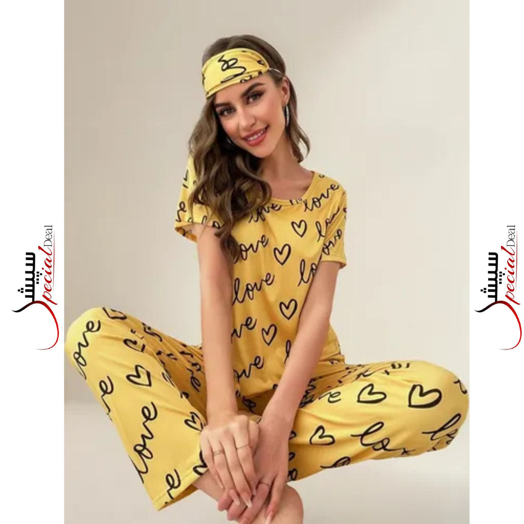 Yellow Love Printed Half Sleeves T-Shirt and Love Printed Trouser Night Wear