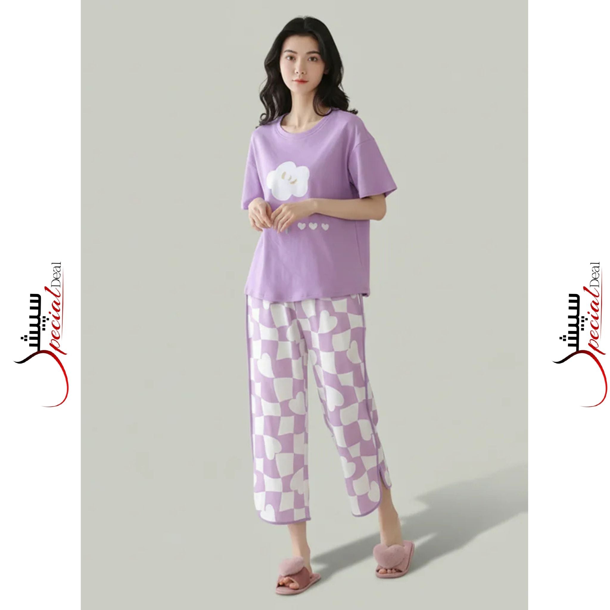 Purple Flower Printed Shirt Half Sleeves and Purple Printed Trouser Night Wear.