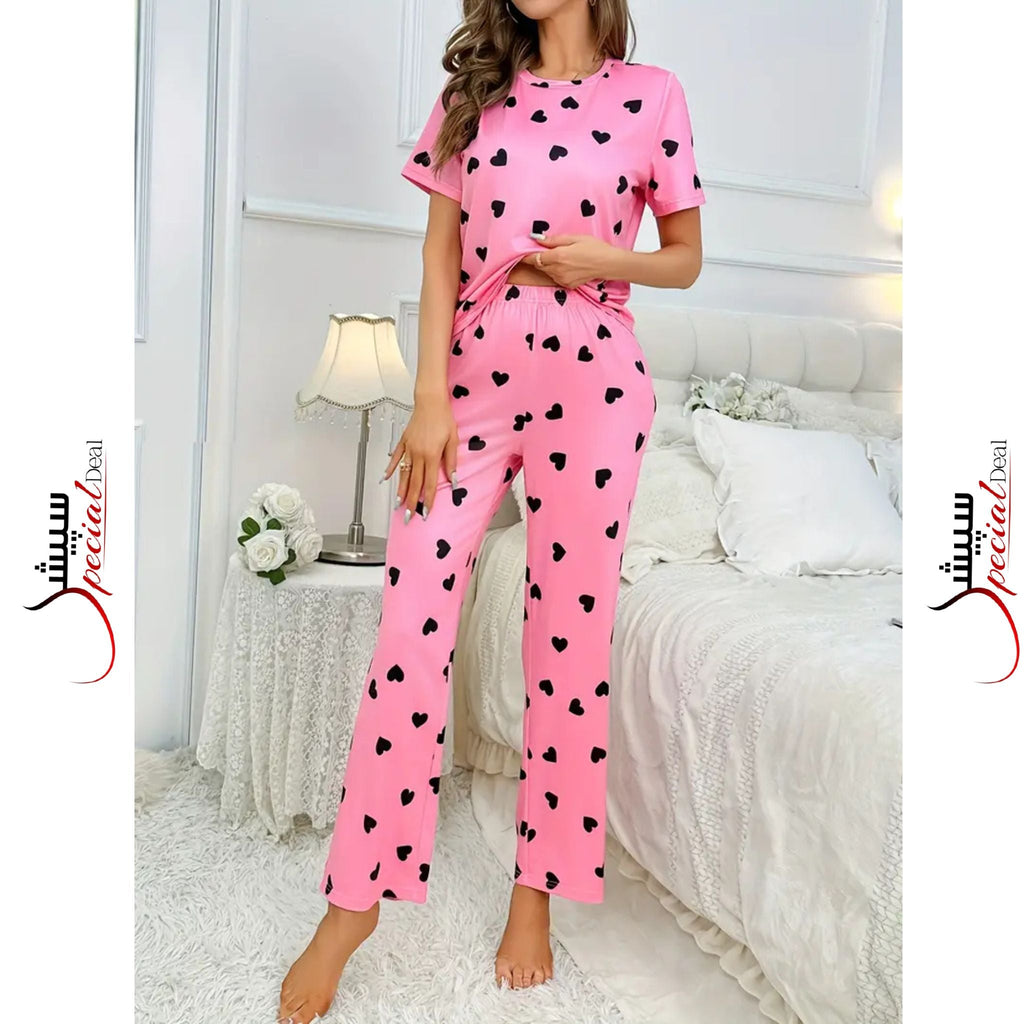 Pink With Black Hearts Printed Half Sleeves Shirt And Black Hearts Printed Trouser Night Wear