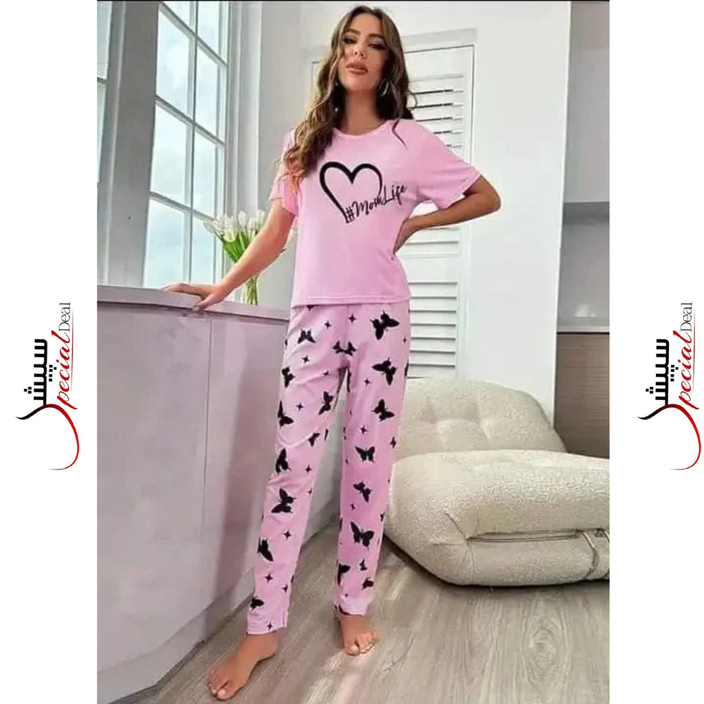 Pink Heart Mom Life Half Sleeves Shirt And Butterfly Printed Trouser Night Wear