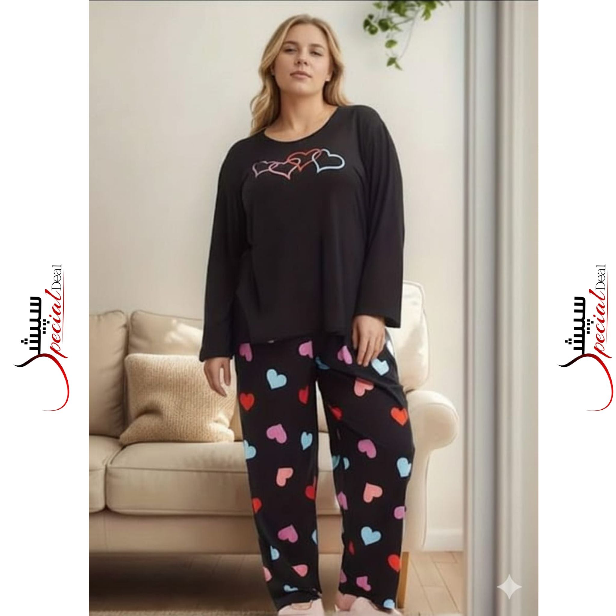Black Four Multi Hearts Full Sleeves Shirt and Printed Trouser Night Wear