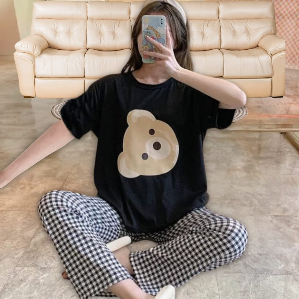 Black With Bear Printed Shirt Half Sleeved and White Printed Trouser Night Wear.