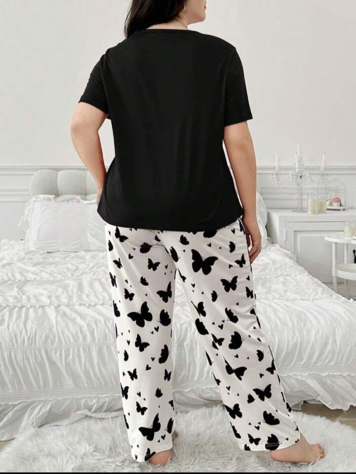 Black Butterfly Printed Half Sleeves Shirt and Butterfly Printed Trouser Night Wear