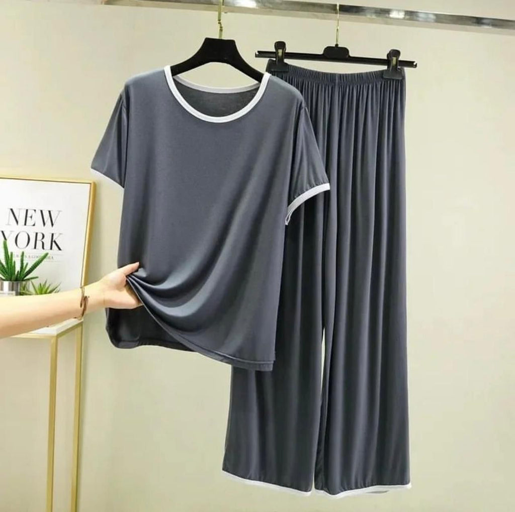 Plain Grey With White Strips Half Sleeves Night Wear