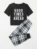 Black Good Times Ahead Printed Shirt And Check Printed Trouser Night Wear