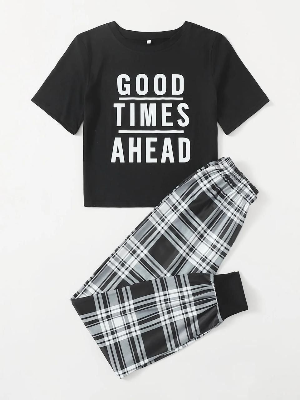 Black Good Times Ahead Printed Shirt And Check Printed Trouser Night Wear