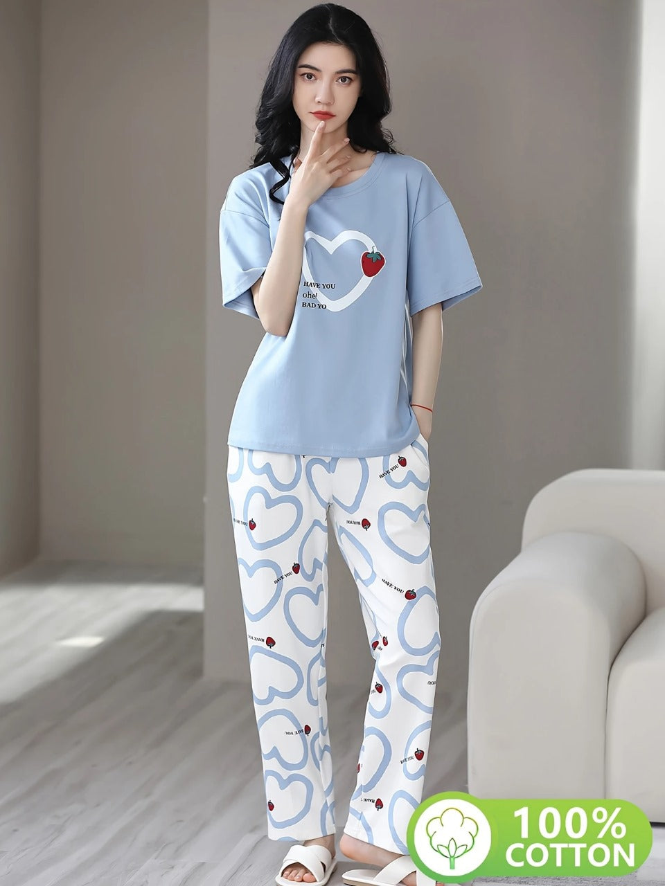 Sky Blue Strawberry Heart Printed Half Sleeves Shirt and Printed Trouser Night Wear