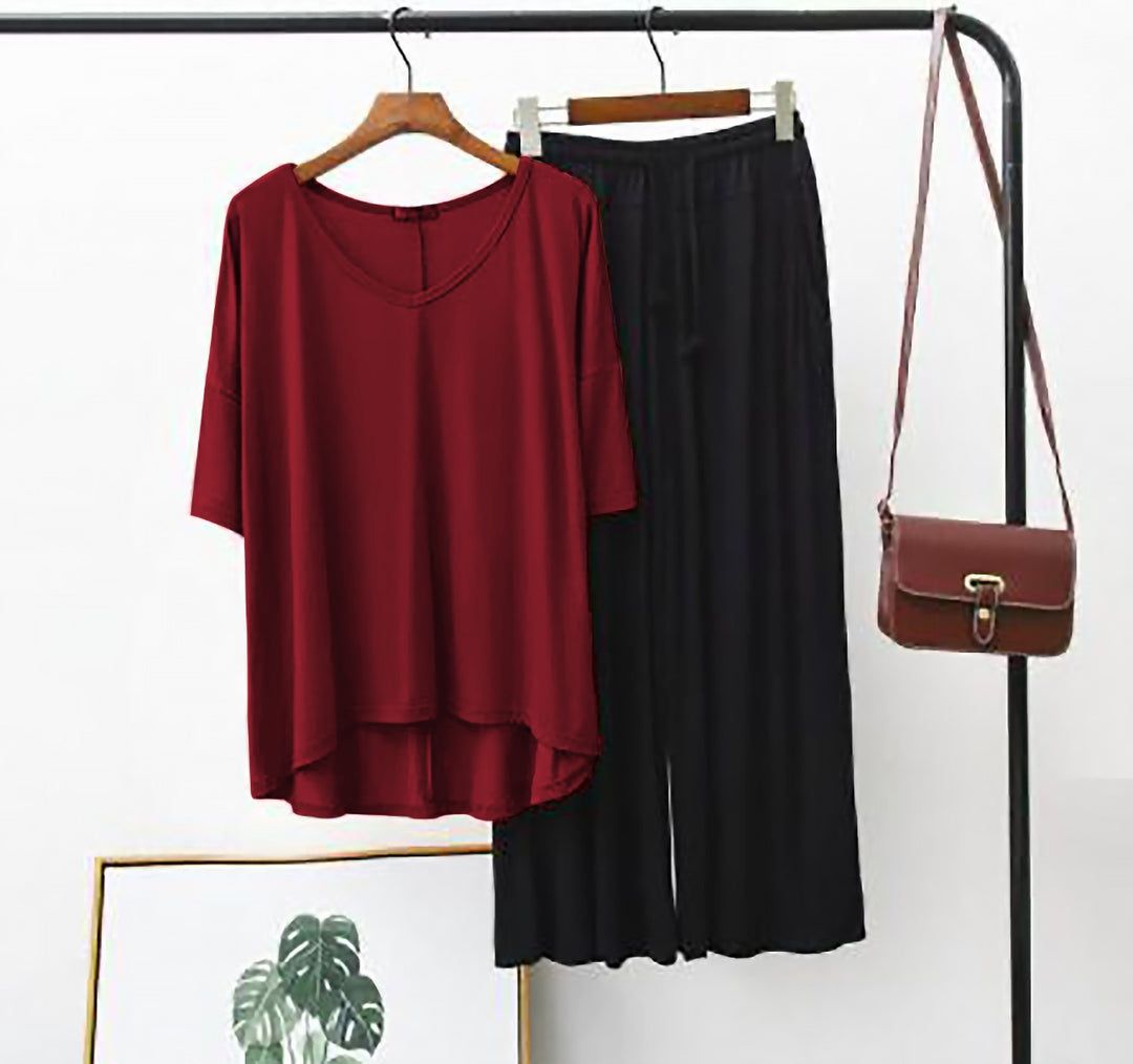 Plain Mehroon V Neck Shirt and Black Trouser Night Wear