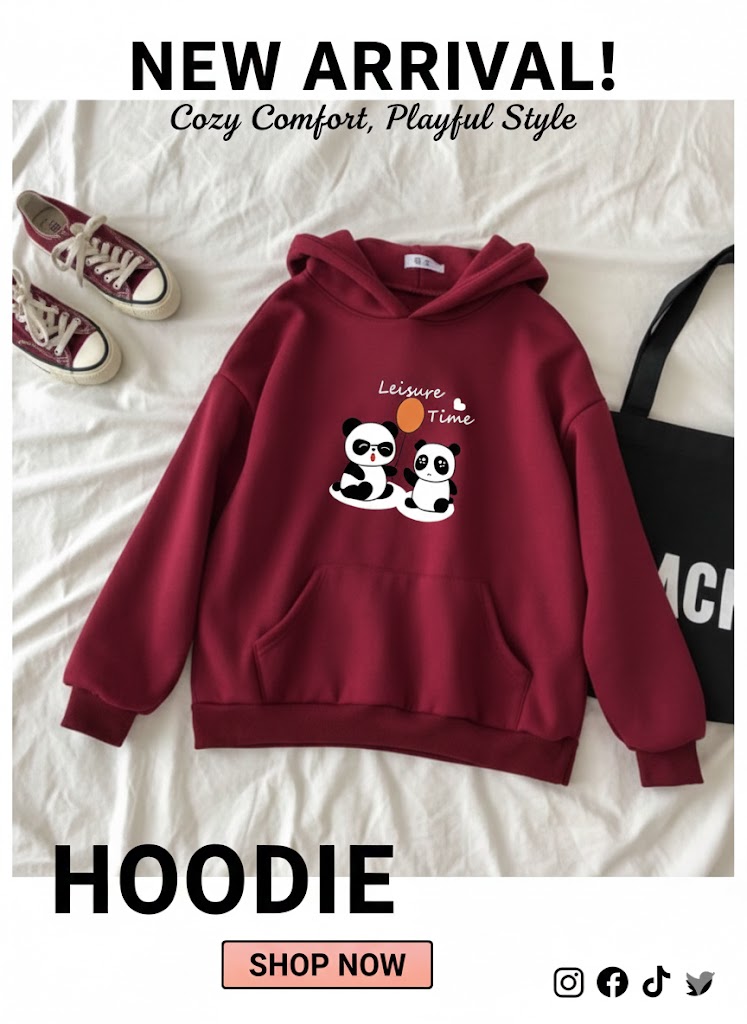 Mehroon Panda Printed Hoodie